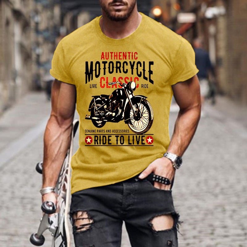 Authentic Motorcycle Printed Slim Round Neck Men's T-shirt