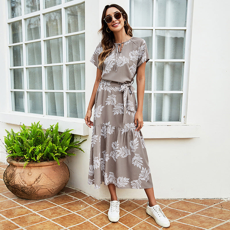 Summer Drawstring Round Neck Short-Sleeved Women's Lace-Up Waist Dress