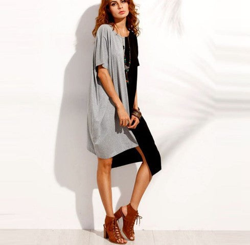 Colorblock crew neck short sleeve irregular dress
