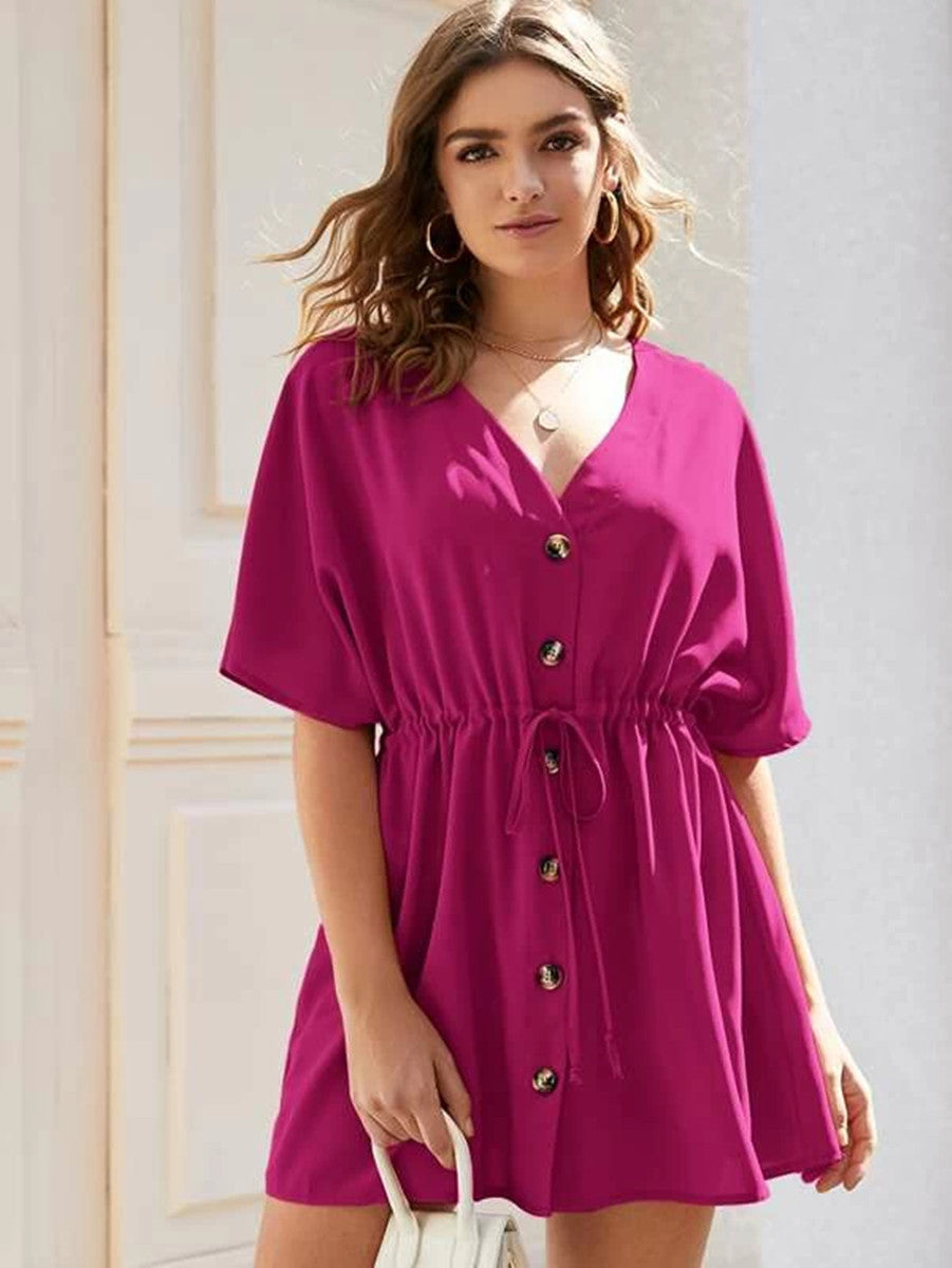 V-neck drawstring waist button dress