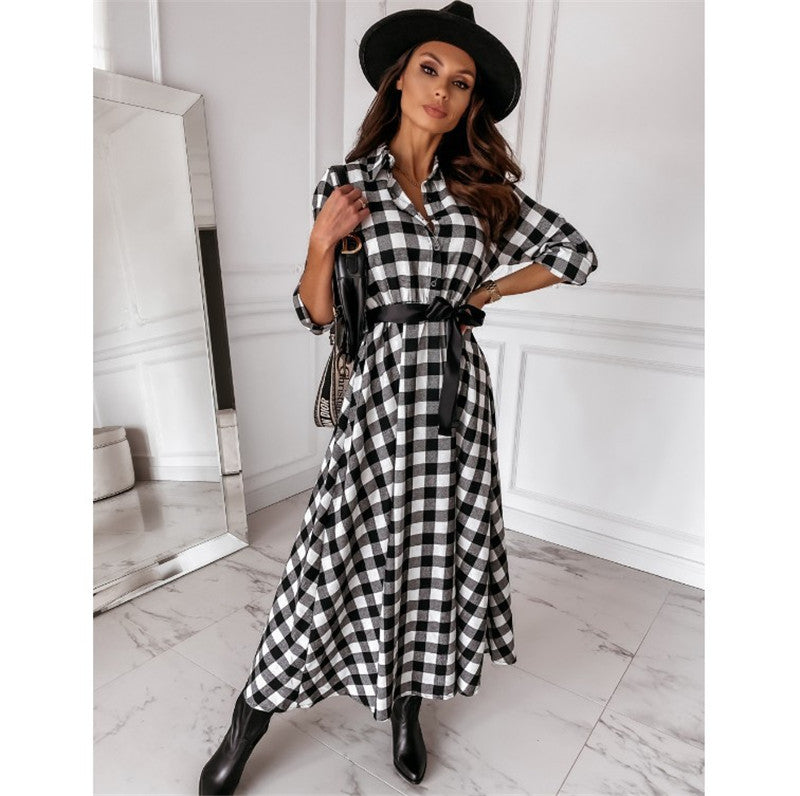 Long-sleeved Plaid Dress With Belted Waist and Oversized Skirt With Temperament