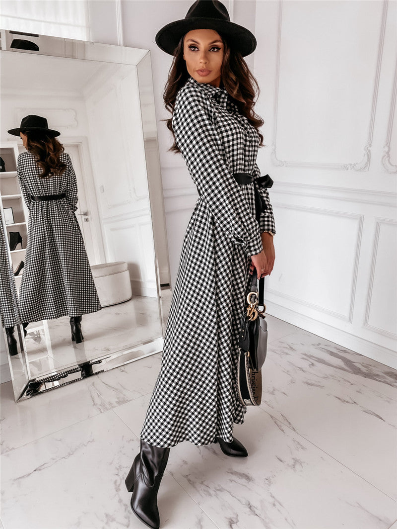 Long-sleeved Plaid Dress With Belted Waist and Oversized Skirt With Temperament