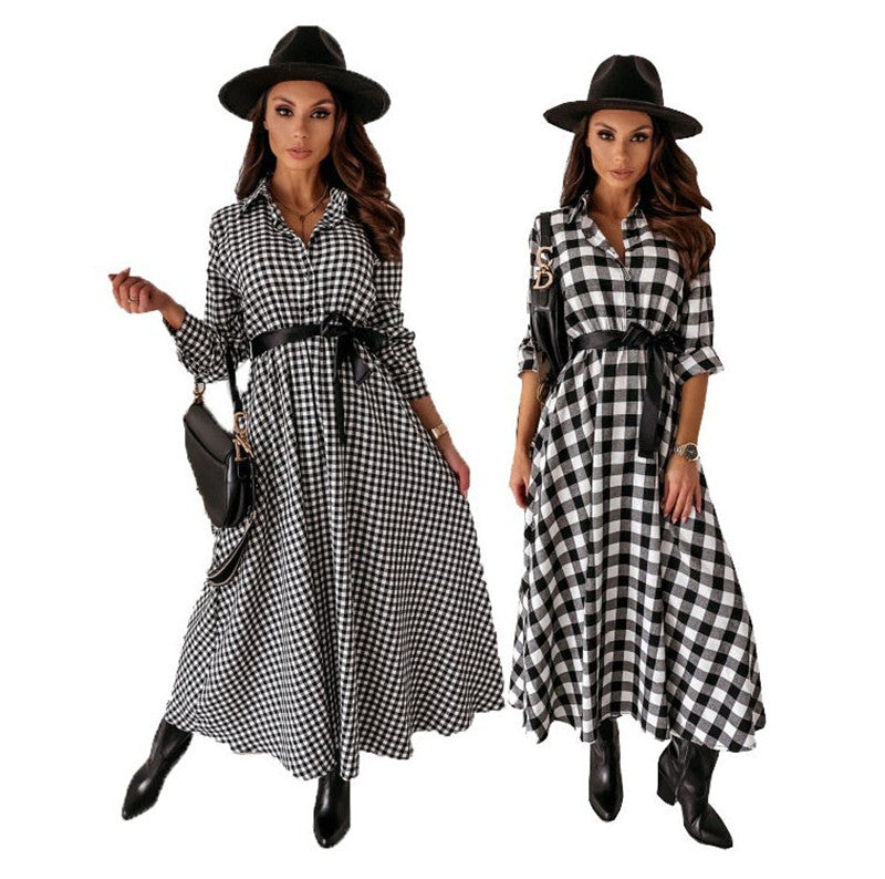 Long-sleeved Plaid Dress With Belted Waist and Oversized Skirt With Temperament