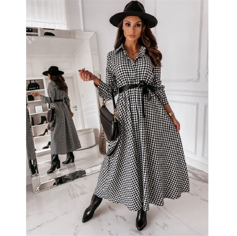 Long-sleeved Plaid Dress With Belted Waist and Oversized Skirt With Temperament