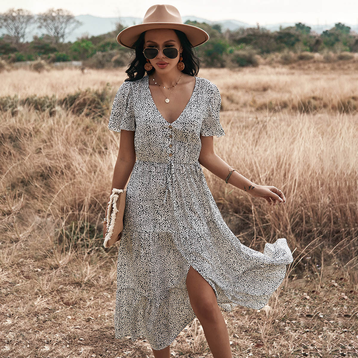 Spring And Summer Big Leopard Print Short Sleeve Dress