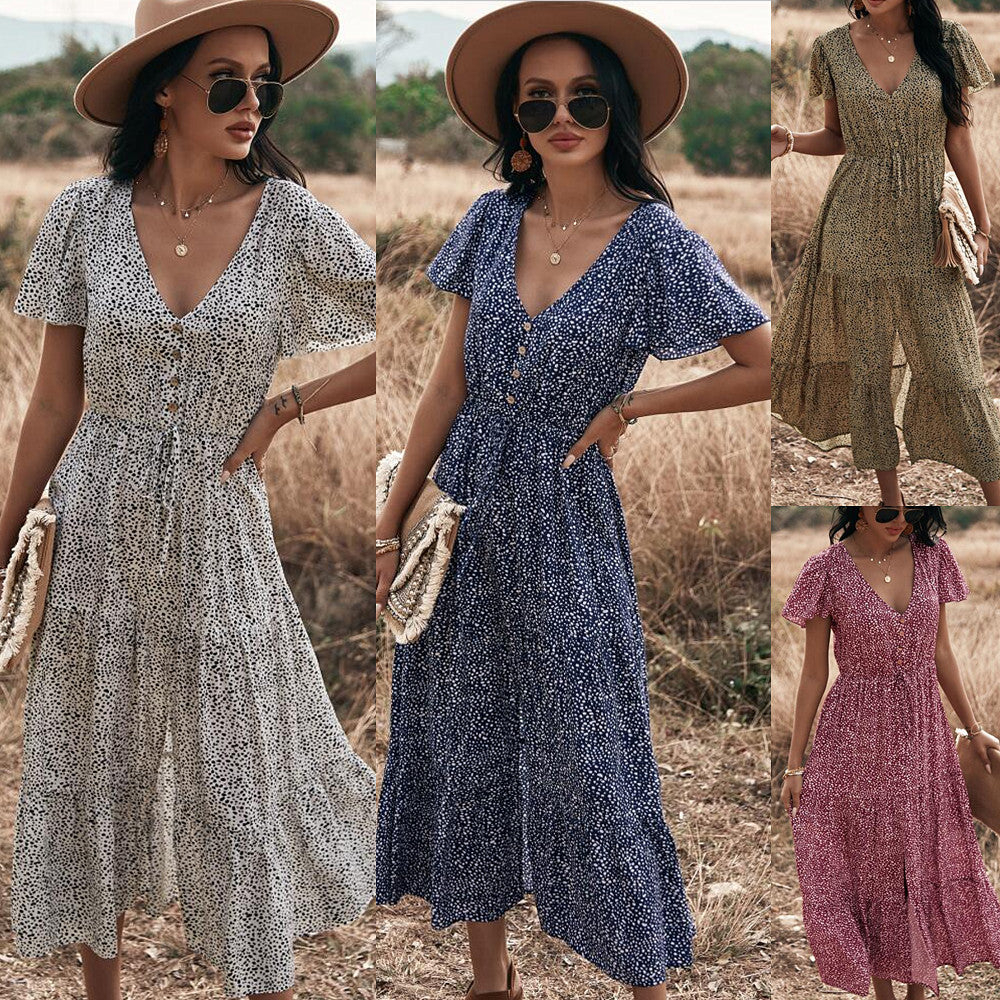 Spring And Summer Big Leopard Print Short Sleeve Dress