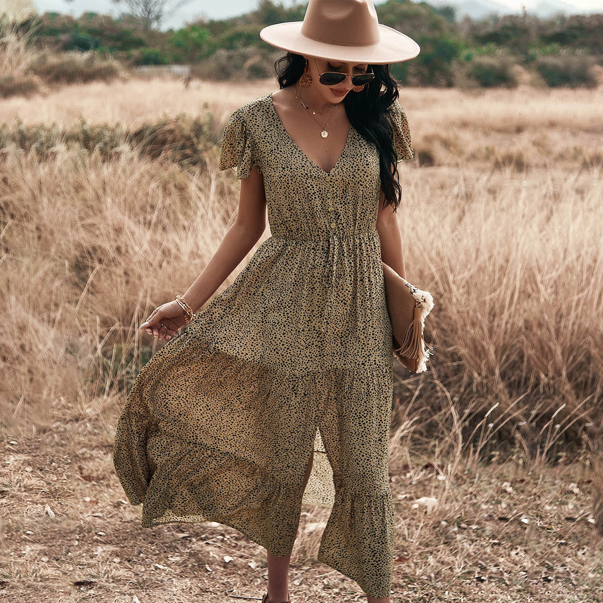 Spring And Summer Big Leopard Print Short Sleeve Dress