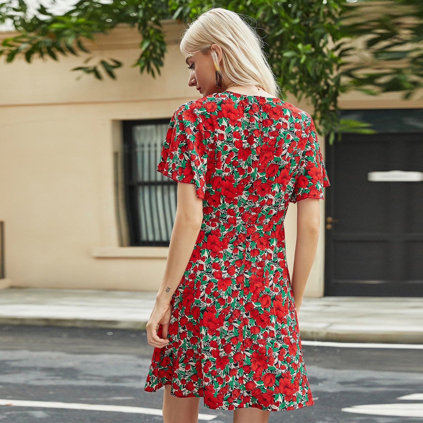 Summer New Style V Neck Short Sleeved Printed Dress Women