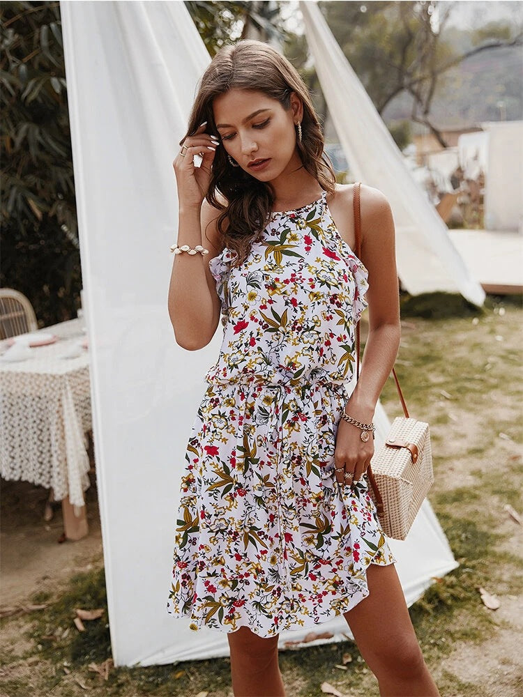 Small Floral Temperament Waist Round Neck Sling Sleeveless Short Dress Women