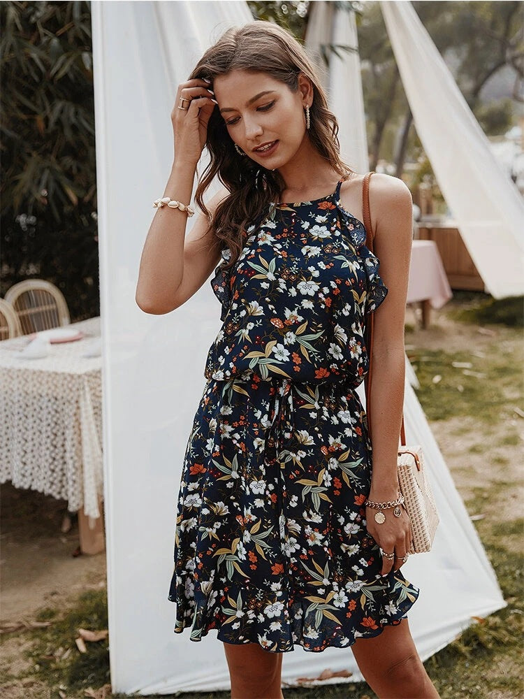 Small Floral Temperament Waist Round Neck Sling Sleeveless Short Dress Women