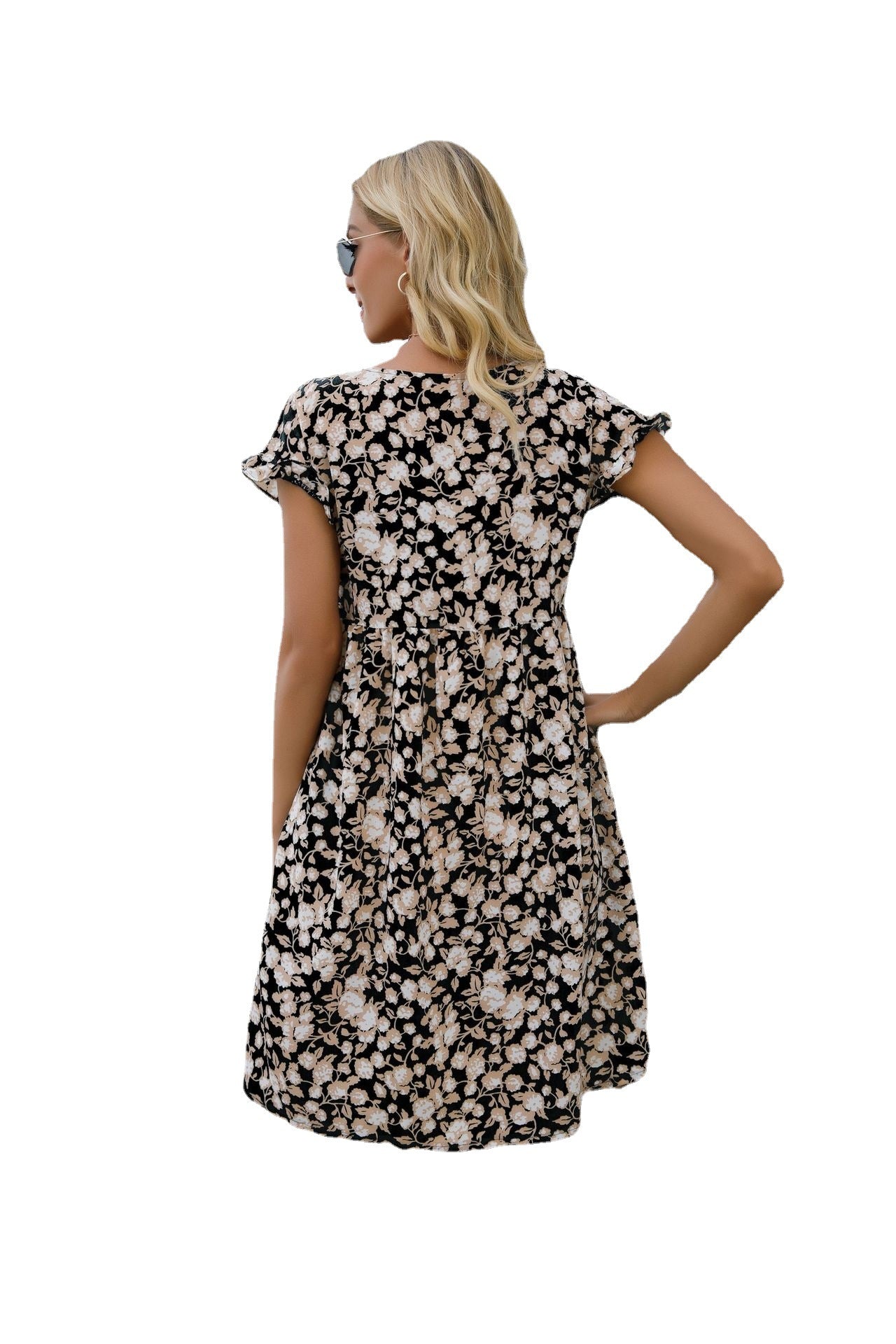 V-Neck Floral Floral Print Short-Sleeved Loose Pocket Dress
