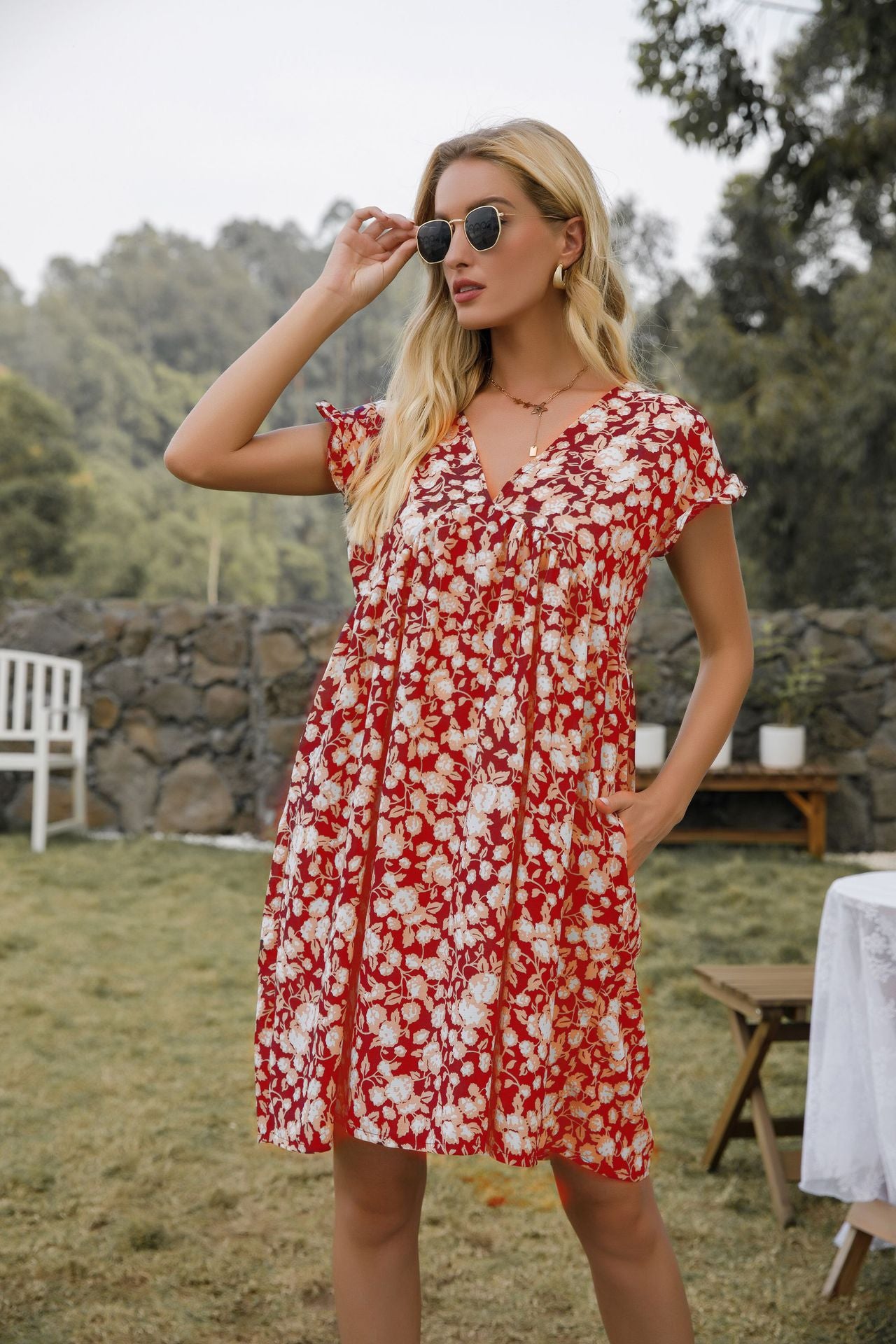 V-Neck Floral Floral Print Short-Sleeved Loose Pocket Dress