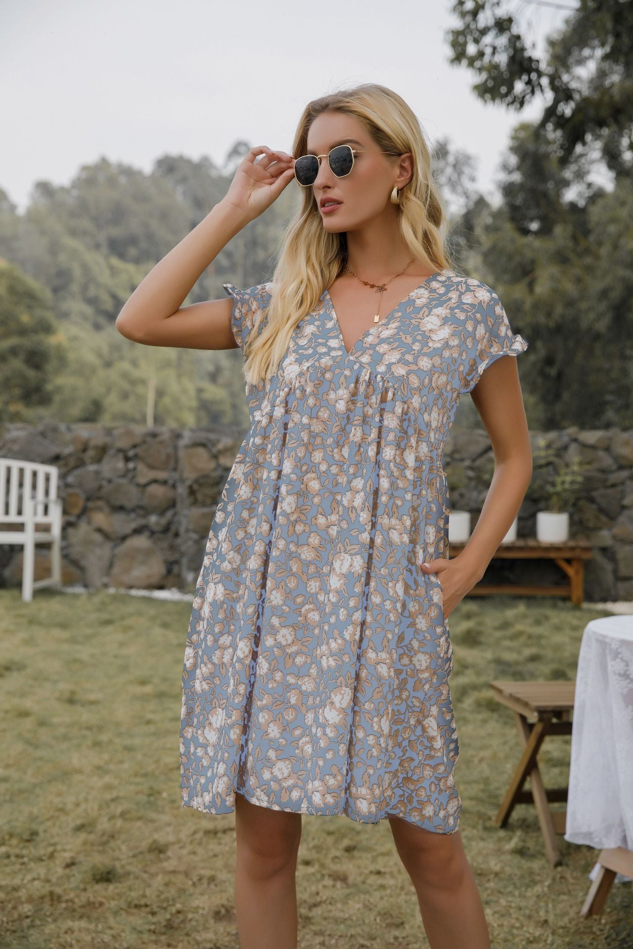 V-Neck Floral Floral Print Short-Sleeved Loose Pocket Dress