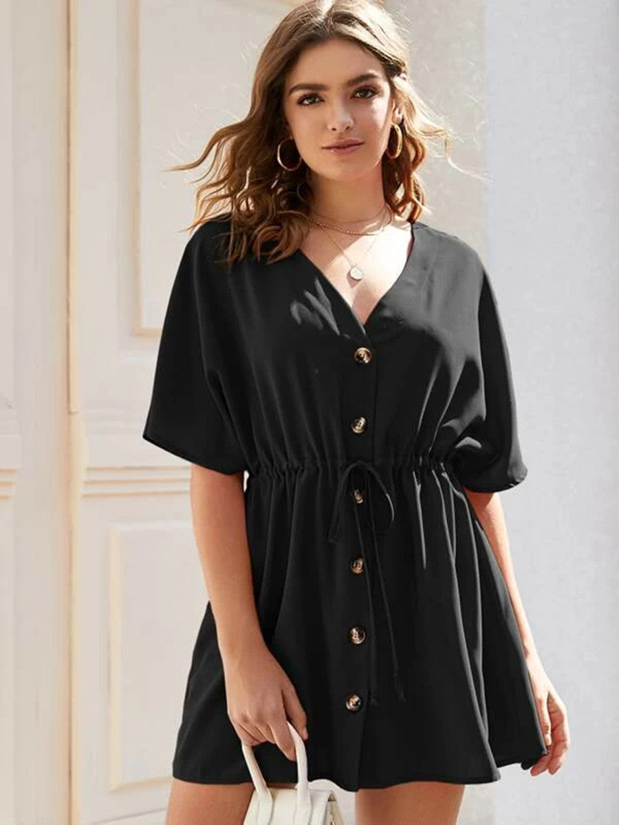 V-neck drawstring waist button dress