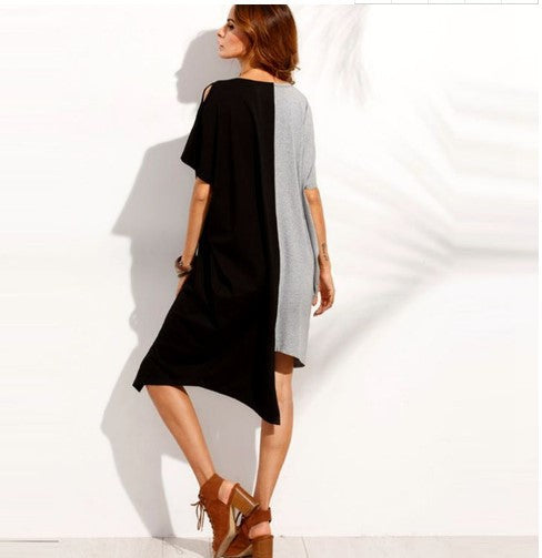 Colorblock crew neck short sleeve irregular dress