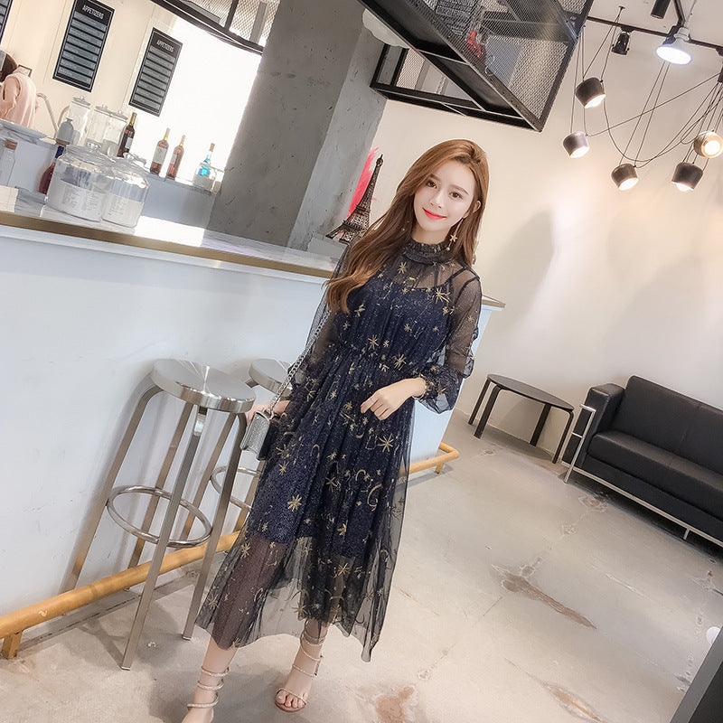Spring Starry Sky Embroidery Mesh Pleated Long-sleeved Dress Two-piece Spring
