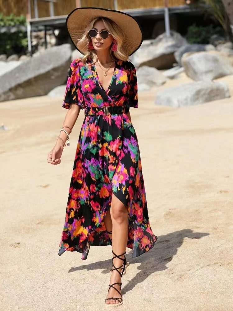 Summer New Short Sleeve V-neck Pullover Irregular Beach Dress
