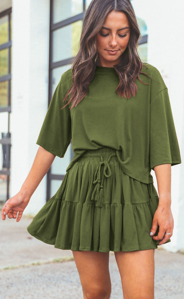 Commuter Suit Short Sleeve Loose Crew Neck Top Casual