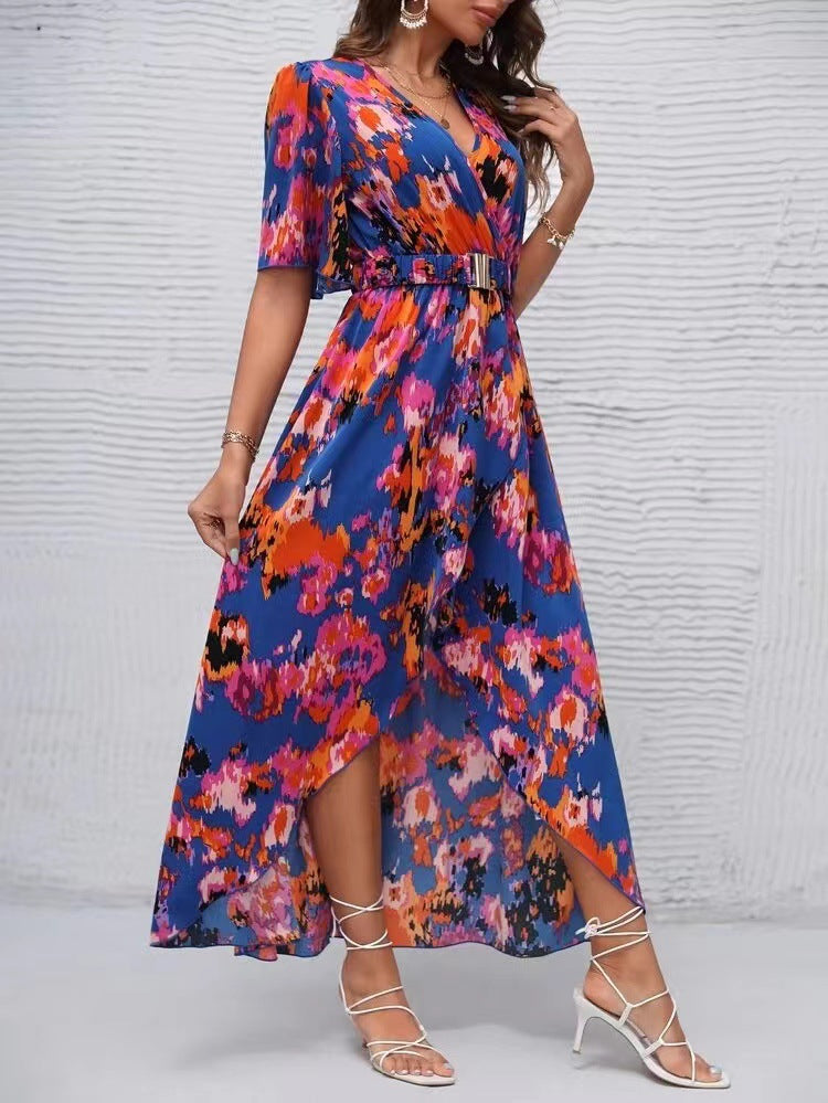 Summer New Short Sleeve V-neck Pullover Irregular Beach Dress