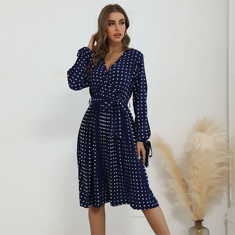 Fashion Blue Polka Dot Dress With Smocked Collar