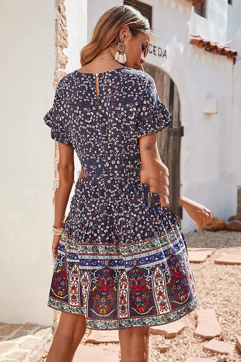 Short Sleeve Crew Neck Elastic Waist Printed Beach Dress