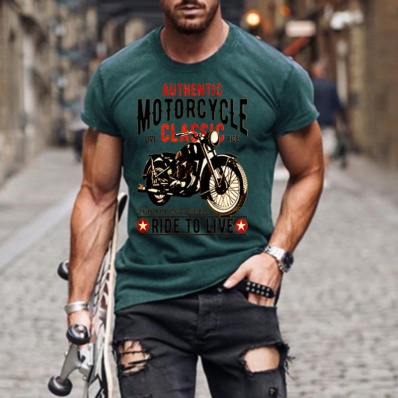Authentic Motorcycle Printed Slim Round Neck Men's T-shirt