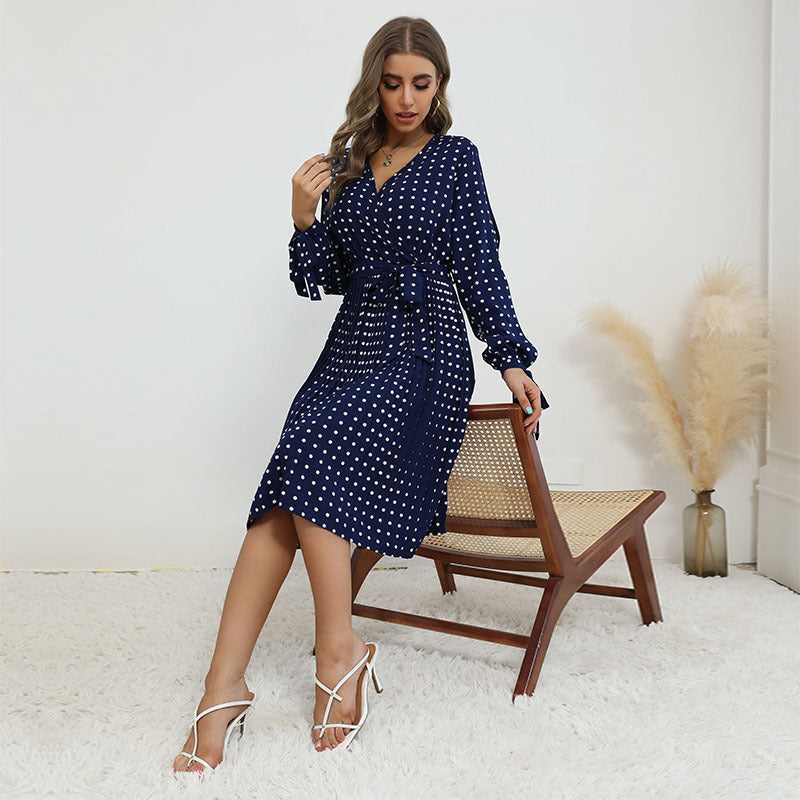 Fashion Blue Polka Dot Dress With Smocked Collar