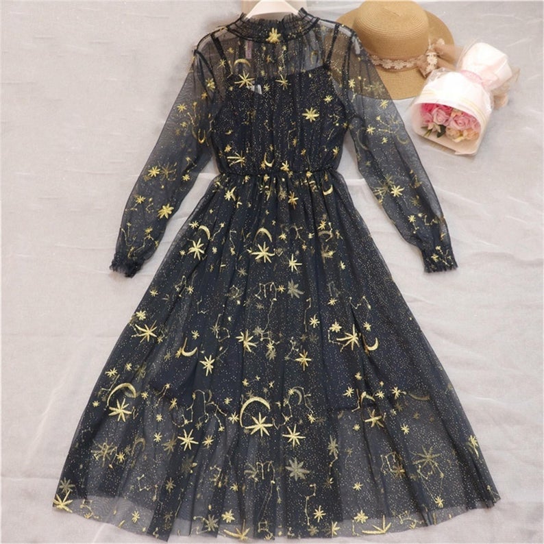 Spring Starry Sky Embroidery Mesh Pleated Long-sleeved Dress Two-piece Spring