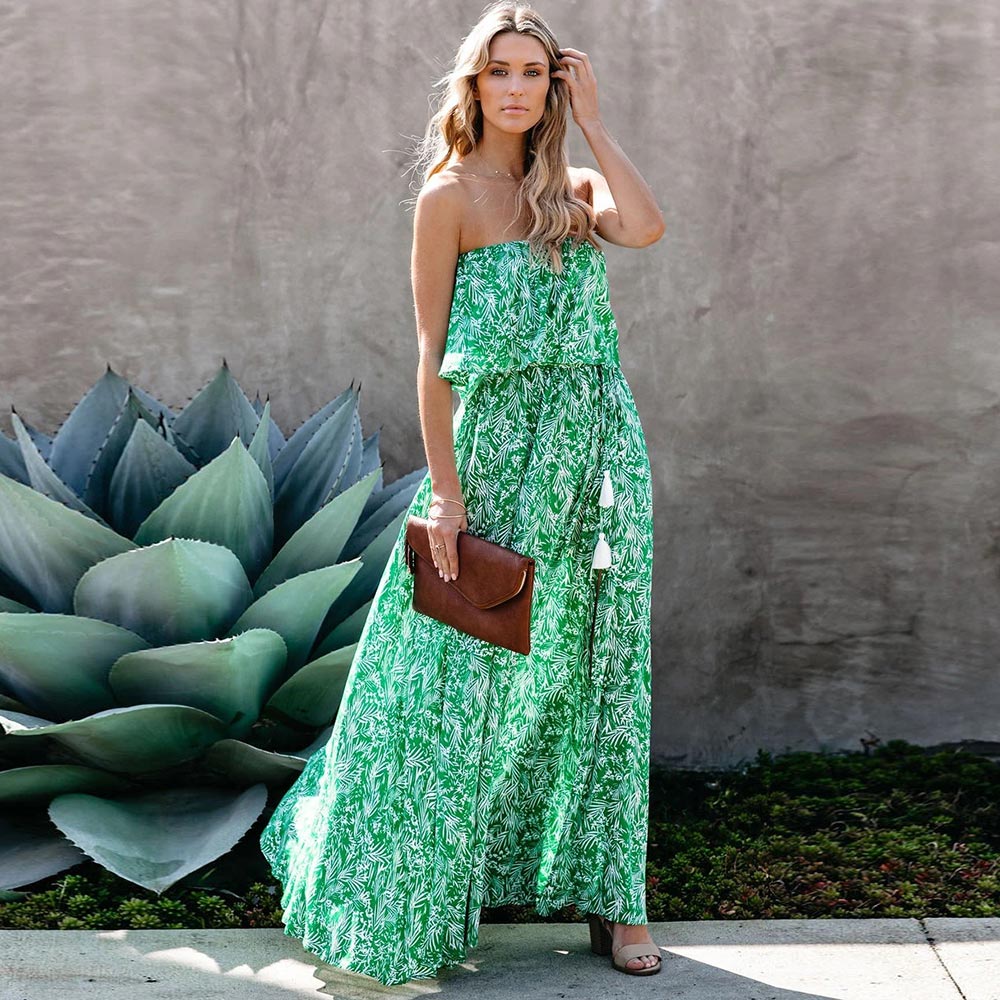 New Leaf Print Off-the-shoulder Ruffled Slit Dress