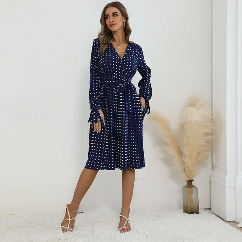 Fashion Blue Polka Dot Dress With Smocked Collar