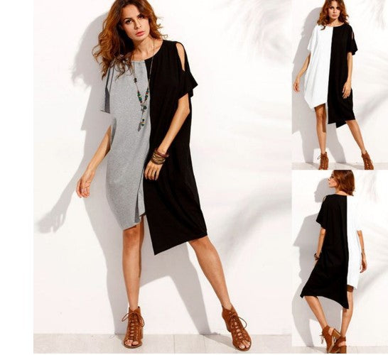 Colorblock crew neck short sleeve irregular dress