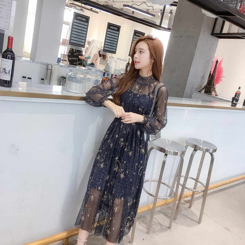 Spring Starry Sky Embroidery Mesh Pleated Long-sleeved Dress Two-piece Spring