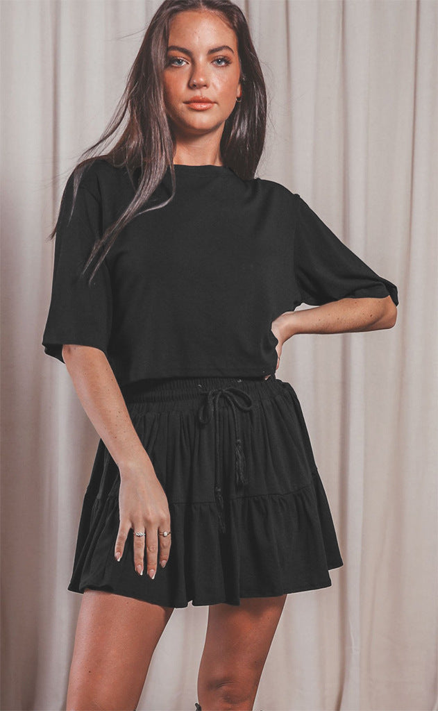 Commuter Suit Short Sleeve Loose Crew Neck Top Casual