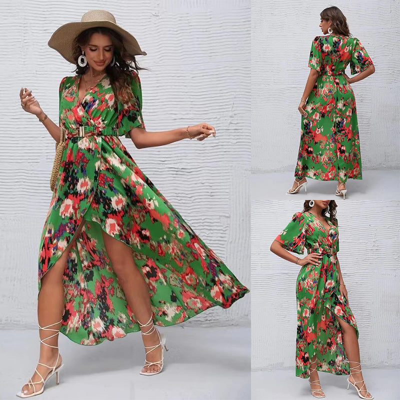 Summer New Short Sleeve V-neck Pullover Irregular Beach Dress