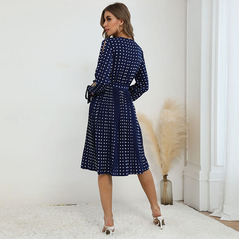 Fashion Blue Polka Dot Dress With Smocked Collar