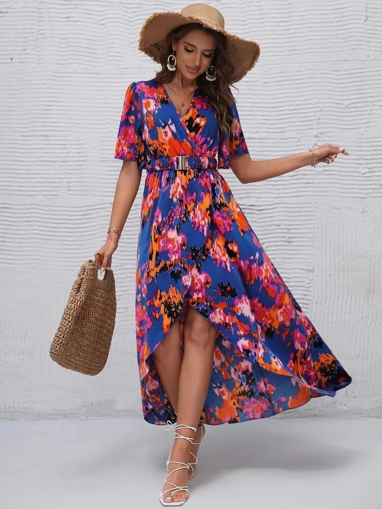 Summer New Short Sleeve V-neck Pullover Irregular Beach Dress