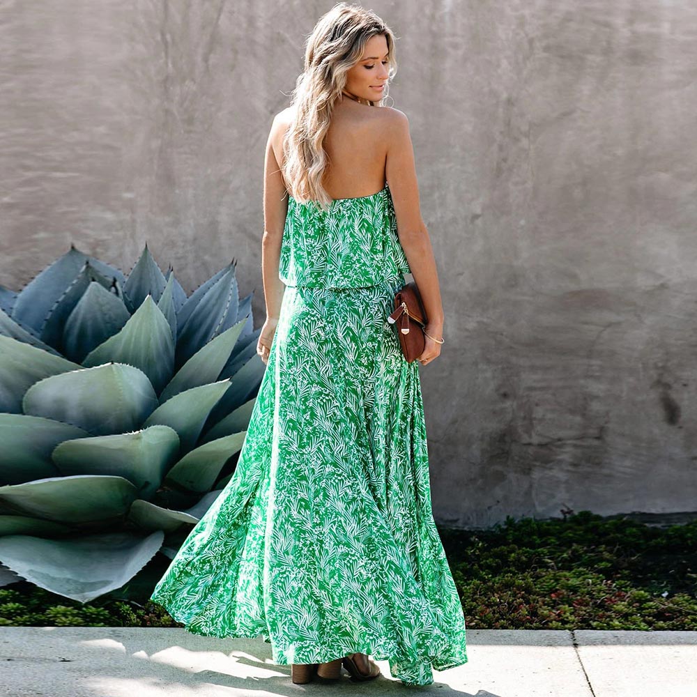 New Leaf Print Off-the-shoulder Ruffled Slit Dress