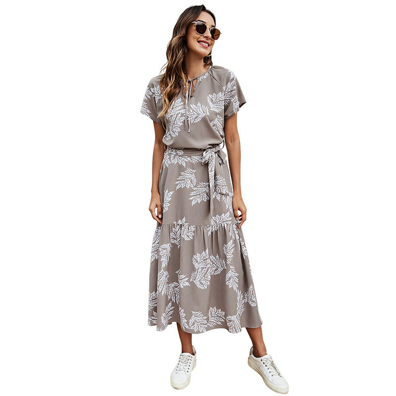 Summer Drawstring Round Neck Short-Sleeved Women's Lace-Up Waist Dress