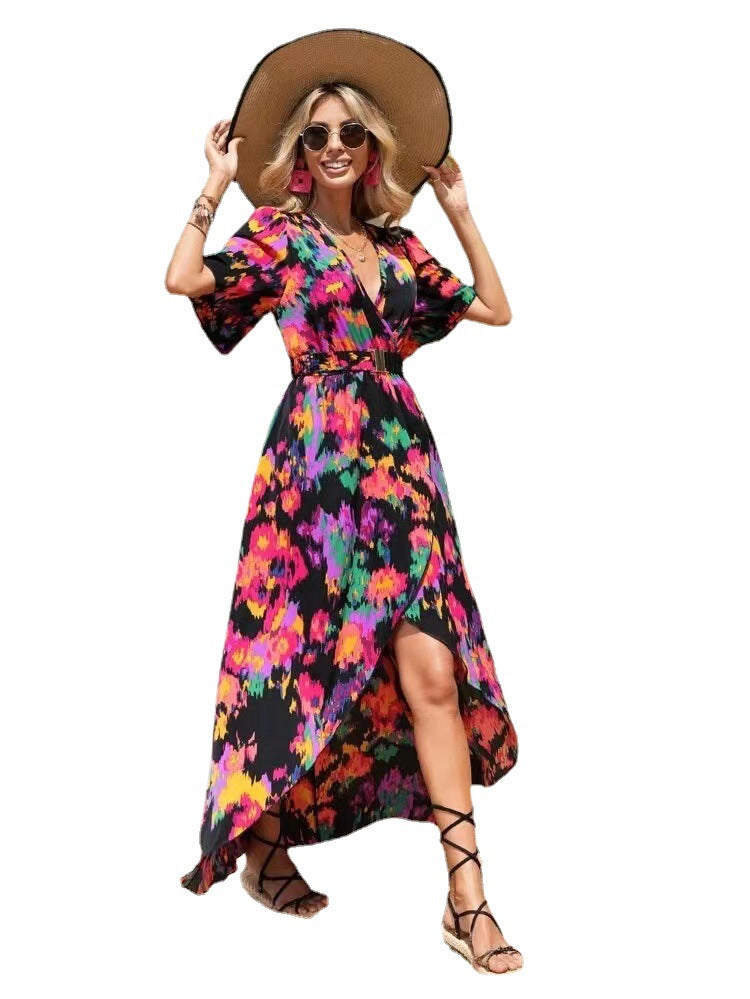 Summer New Short Sleeve V-neck Pullover Irregular Beach Dress