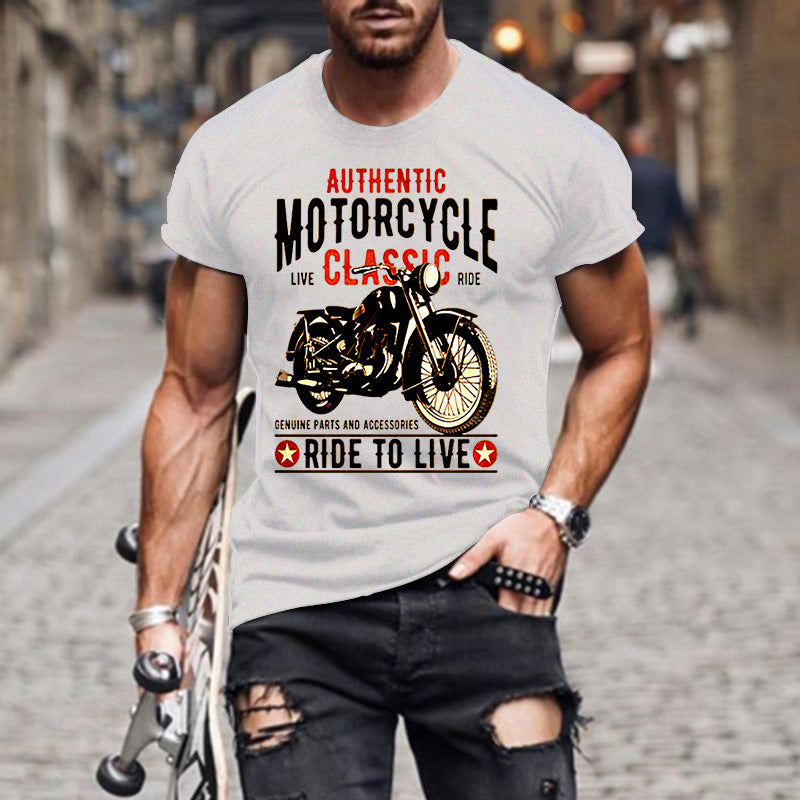Authentic Motorcycle Printed Slim Round Neck Men's T-shirt