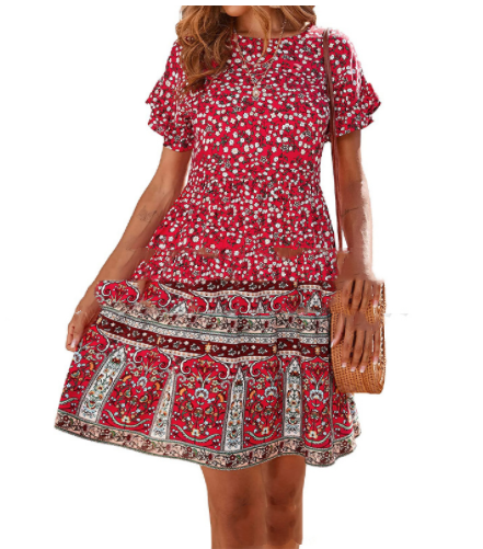 Short Sleeve Crew Neck Elastic Waist Printed Beach Dress