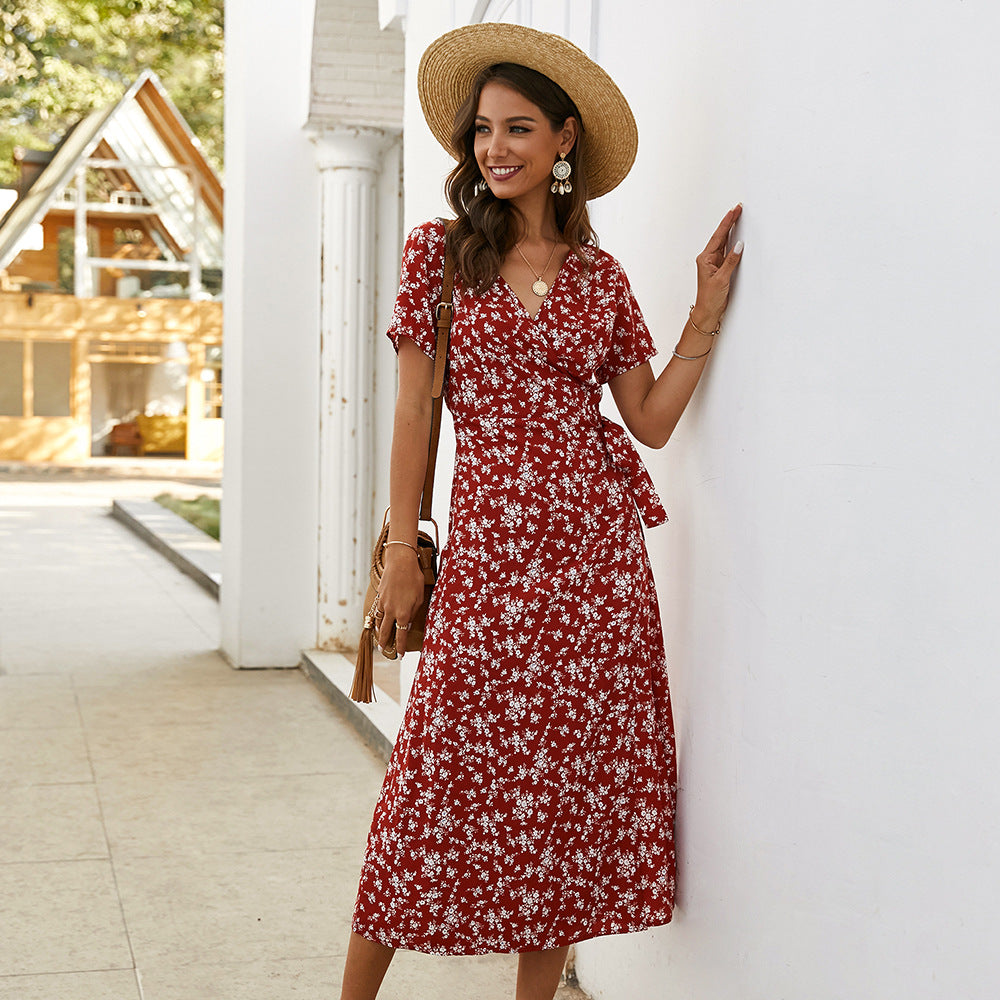 Spring And Summer Floral Short-sleeved Dress
