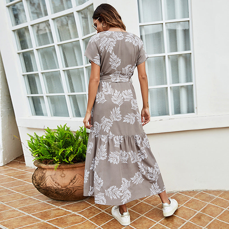Summer Drawstring Round Neck Short-Sleeved Women's Lace-Up Waist Dress
