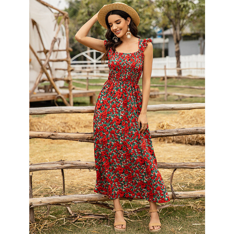 Fashion Floral High Waist Sleeveless Sling Dress