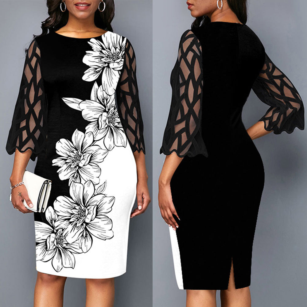 Spring Hot Spring Flower Print Lace Three-quarter Sleeve Dress Female Spot