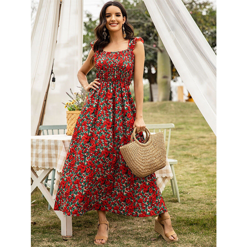 Fashion Floral High Waist Sleeveless Sling Dress