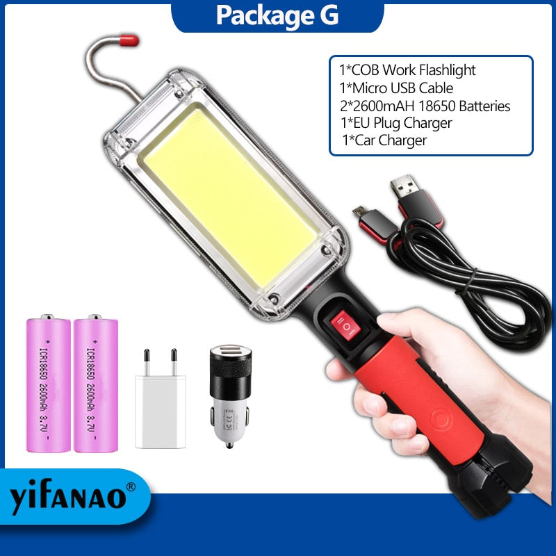 LED Work Light Powerful Portable Lantern Hook Magnet Camping Lamp COB USB Rechargeable 18650 Flashlight Torch Waterproof