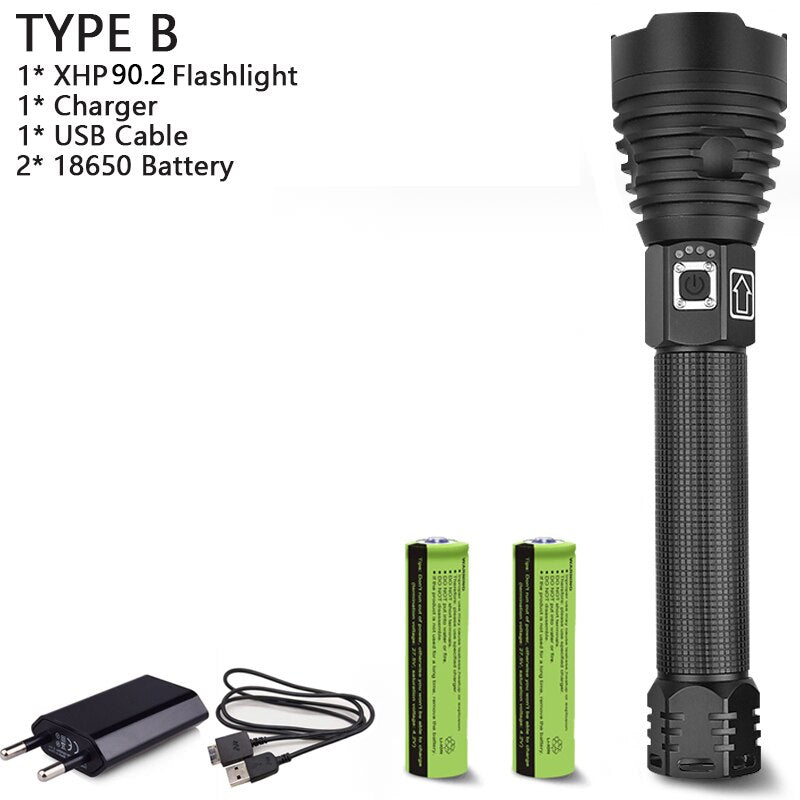 250000cd 1000m XHP90.2 most powerful led flashlight usb Zoom Tactical torch xhp50 18650 or 26650 Rechargeable battery hand light