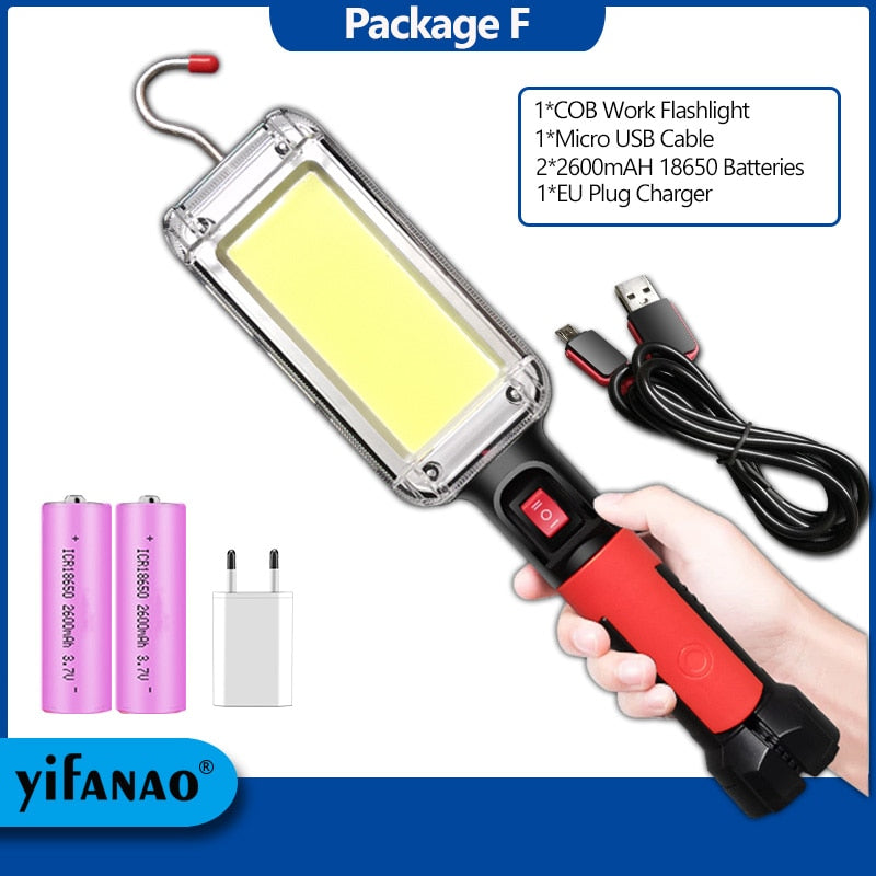 LED Work Light Powerful Portable Lantern Hook Magnet Camping Lamp COB USB Rechargeable 18650 Flashlight Torch Waterproof