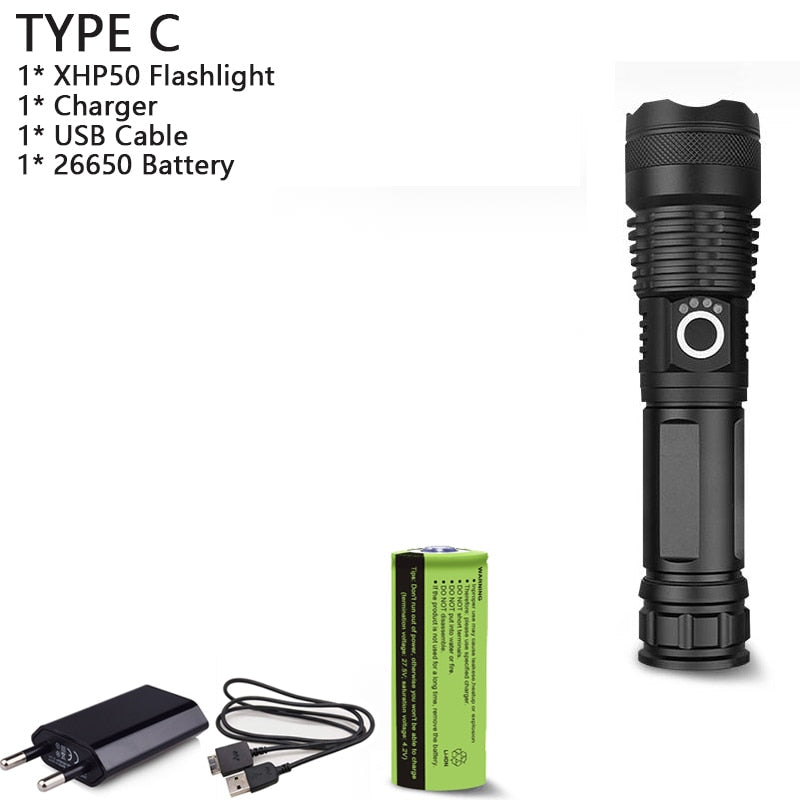 250000cd 1000m XHP90.2 most powerful led flashlight usb Zoom Tactical torch xhp50 18650 or 26650 Rechargeable battery hand light